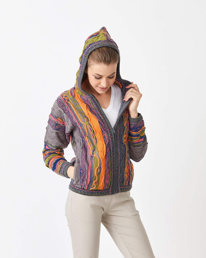 lady wearing 3D woolen hoodie multi colour