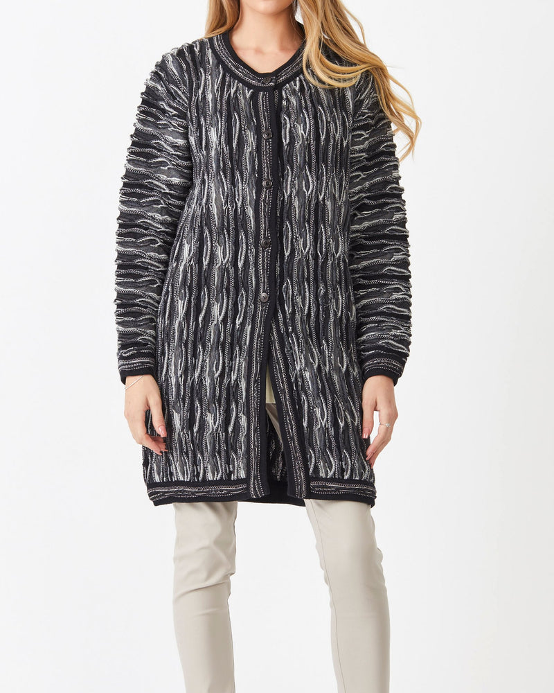 Lady wearing 3D knitted long coat in black