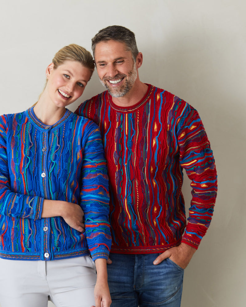 man and lady in 3D sweaters multi colour