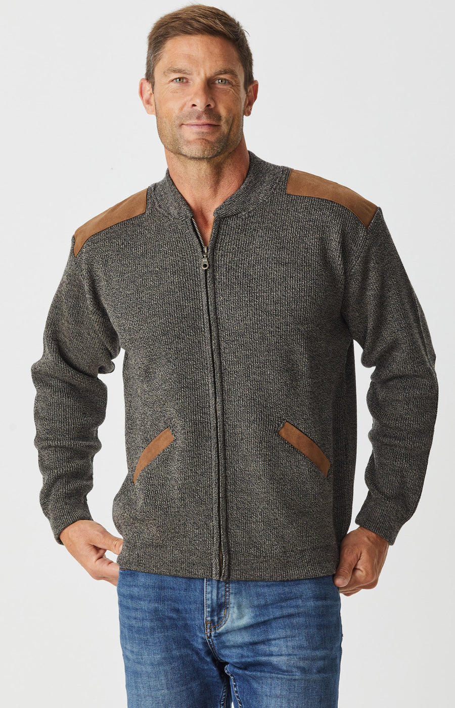 Merino Patch Zip Cardigan with Suede
