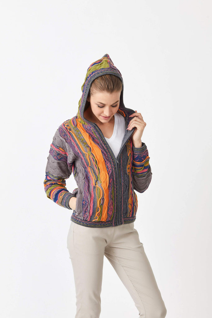lady wearing 3D woolen hoodie multi colour