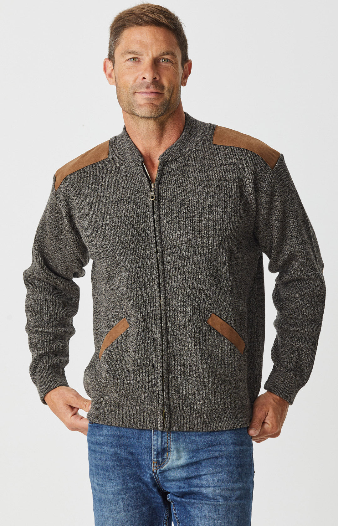 Merino Patch Zip Cardigan w Suede | Wool | Aklanda Australia