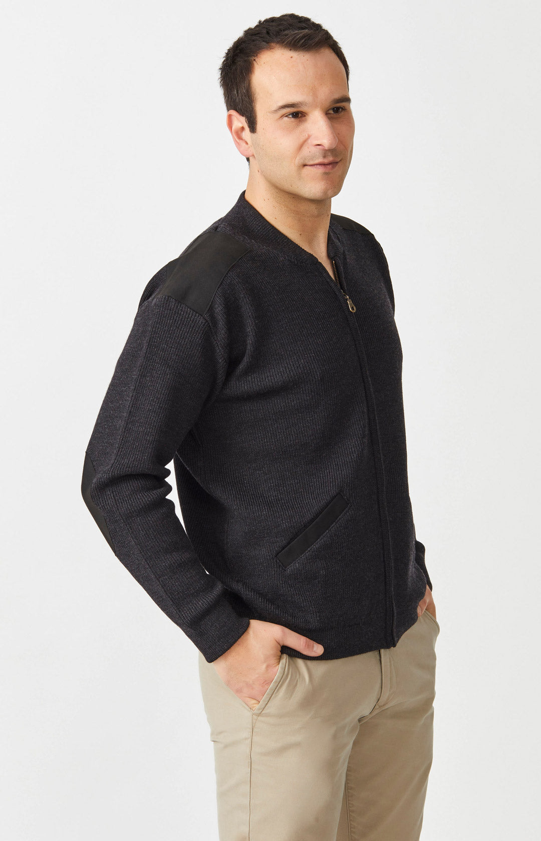 Merino Patch Zip Cardigan w Suede | Wool | Aklanda Australia