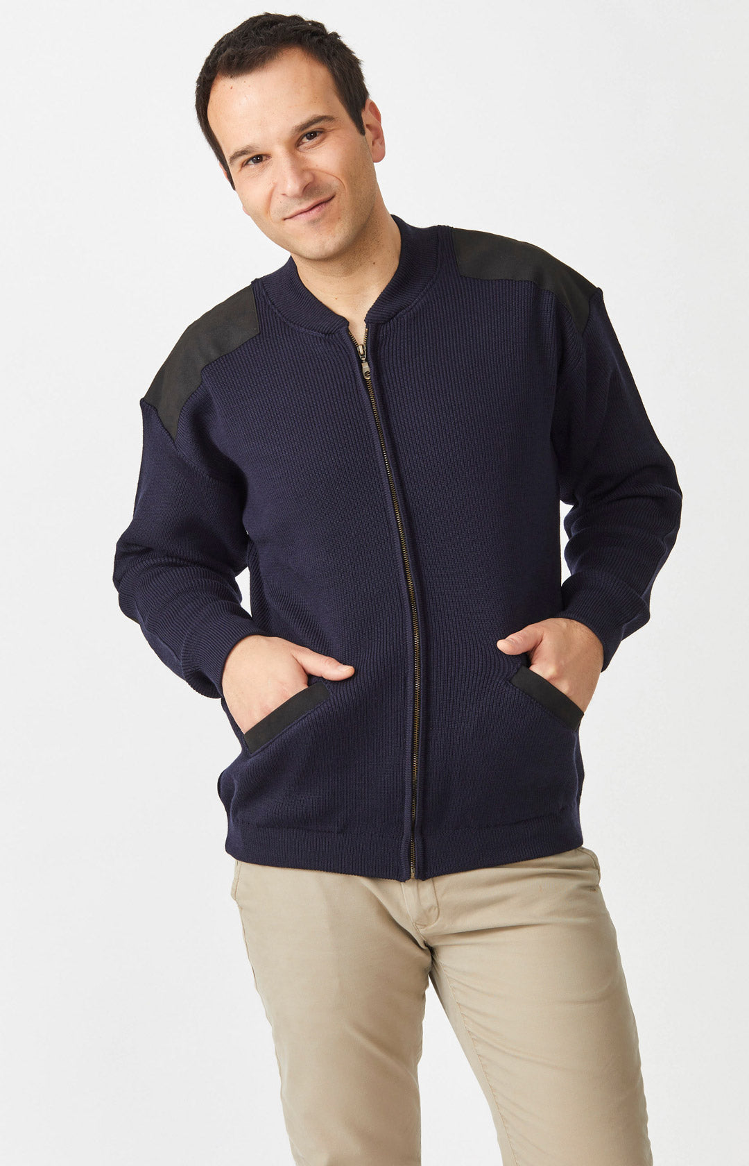 Merino Patch Zip Cardigan w Suede | Wool | Aklanda Australia